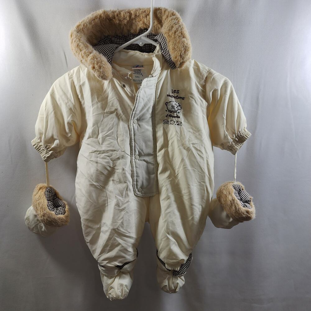 Absorba 6-9 Mo Cream-Brown One Piece Full Zip Bunting With Booties & Mittens NWT